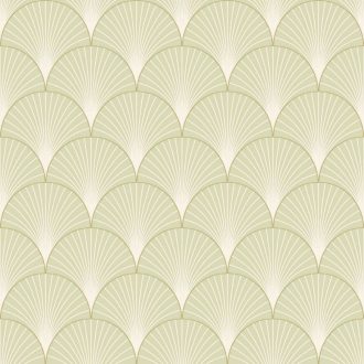   "Klasszikus" Art deco design - Elegáns legyezőminta (palmetta) arany ívekkel mandulazöld fehér és arany tónus fémes hatás tapéta