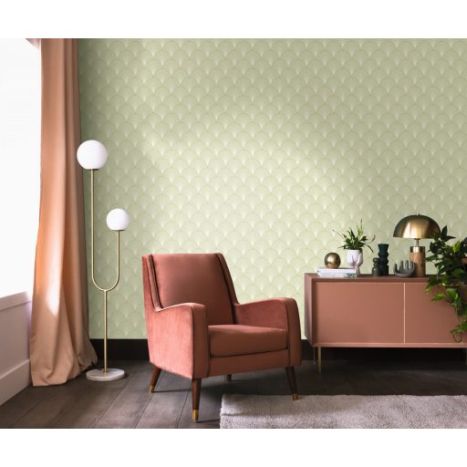 "Klasszikus" Art deco design - Elegáns legyezőminta (palmetta) arany ívekkel mandulazöld fehér és arany tónus fémes hatás tapéta