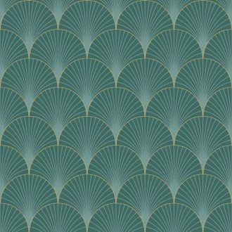   "Klasszikus" Art deco design - Elegáns legyezőminta (palmetta) arany ívekkel smaragdzöld és arany tónus fémes hatás tapéta