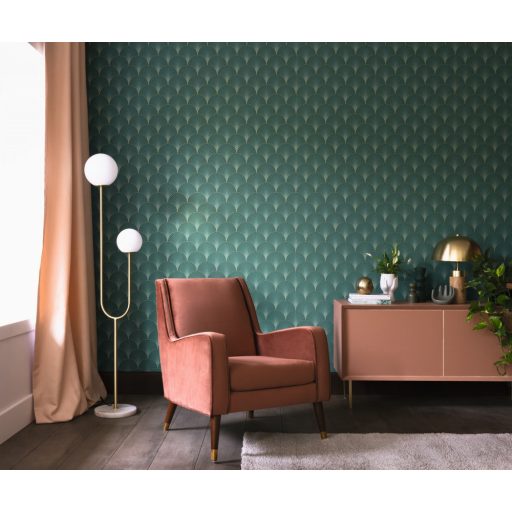 "Klasszikus" Art deco design - Elegáns legyezőminta (palmetta) arany ívekkel smaragdzöld és arany tónus fémes hatás tapéta