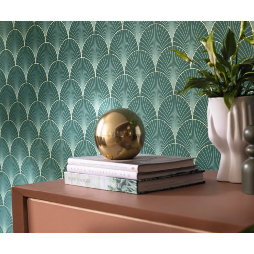 "Klasszikus" Art deco design - Elegáns legyezőminta (palmetta) arany ívekkel smaragdzöld és arany tónus fémes hatás tapéta