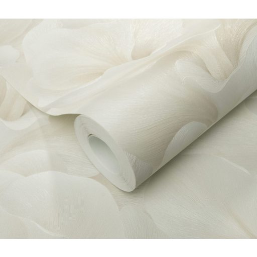 Finoman hullámzó és lágyan fodrozódó selymes stilizált virágszirmok krémes bézs és krémfehér tónus finom fény tapéta