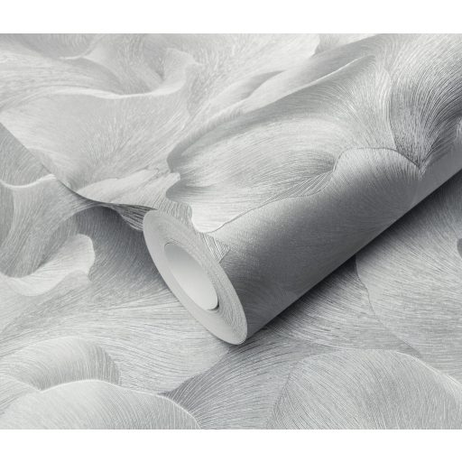 Finoman hullámzó és lágyan fodrozódó selymes stilizált virágszirmok ezüstszürke platina grafit és gyöngyház tónus finom fény tapéta