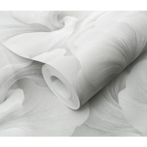 Finoman hullámzó és lágyan fodrozódó selymes stilizált virágszirmok gyöngyszürke fehér és szürkésfehér tónus finom fény tapéta