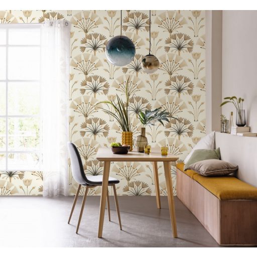 Geometrikus flóra megjelenítés - eleganciájával és stílusával kápráztat bézs antracit és arany tónus fémes hatás tapéta