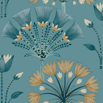   Geometrikus flóra megjelenítés - eleganciájával és stílusával kápráztat tengerkék sötétkék bézs és arany tónus fémes hatás tapéta