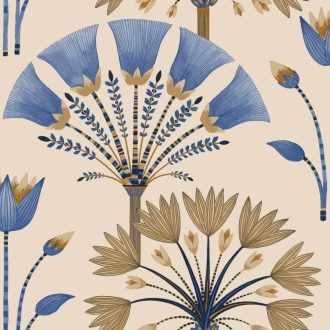   Geometrikus flóra megjelenítés - eleganciájával és stílusával kápráztat bézs barna canardkék és arany tónus fémes hatás tapéta