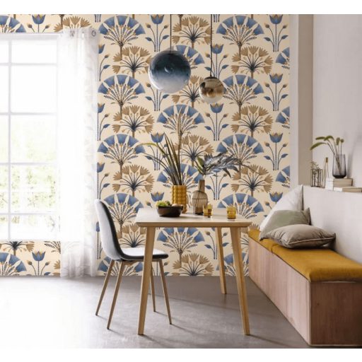 Geometrikus flóra megjelenítés - eleganciájával és stílusával kápráztat bézs barna canardkék és arany tónus fémes hatás tapéta