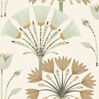   Geometrikus flóra megjelenítés - eleganciájával és stílusával kápráztat fehér mandulazöld antracit és aranybarna tónus fémes hatás tapéta