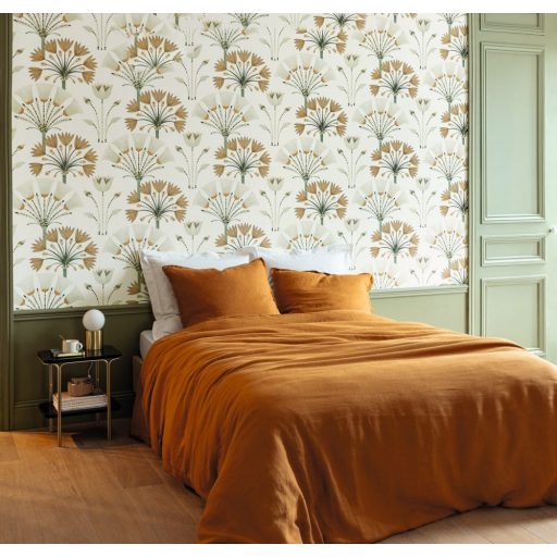 Geometrikus flóra megjelenítés - eleganciájával és stílusával kápráztat fehér mandulazöld antracit és aranybarna tónus fémes hatás tapéta