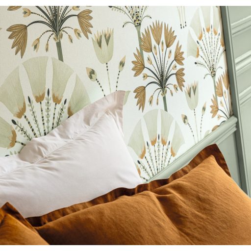 Geometrikus flóra megjelenítés - eleganciájával és stílusával kápráztat fehér mandulazöld antracit és aranybarna tónus fémes hatás tapéta