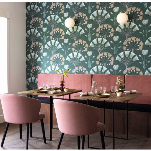 Geometrikus flóra megjelenítés - eleganciájával és stílusával kápráztat smaragdzöld lila bézs barna és arany tónus fémes hatás tapéta