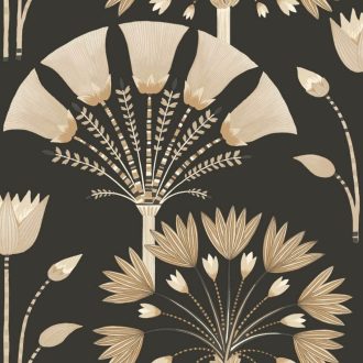   Geometrikus flóra megjelenítés - eleganciájával és stílusával kápráztat antracit íriszfehér és aranybarna tónus tapéta