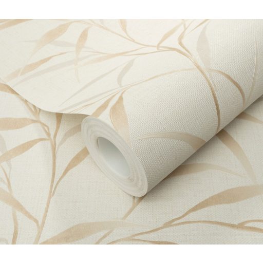 Légies elegancia vászon struktúra és áttetsző levélábrázolás krémfehér bézs/vanília elefántcsont és bézsarany tónus finom fény tapéta