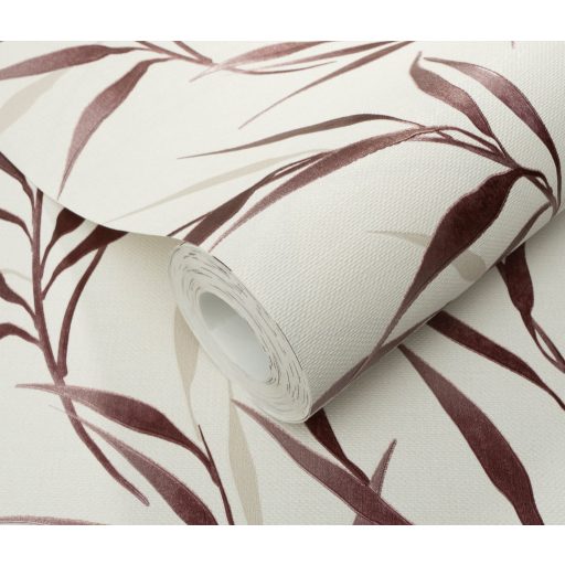 Légies elegancia vászon struktúra és áttetsző levélábrázolás barnás-bordó bézs és krémfehér tónus finom fény tapéta