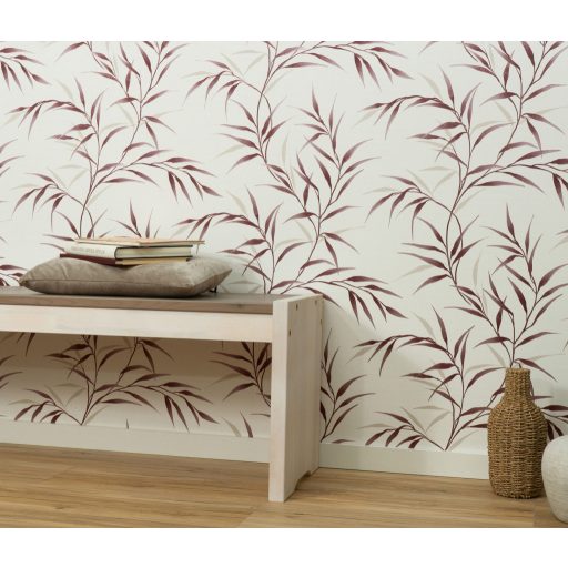 Légies elegancia vászon struktúra és áttetsző levélábrázolás barnás-bordó bézs és krémfehér tónus finom fény tapéta