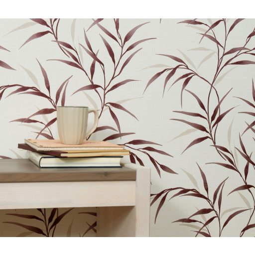 Légies elegancia vászon struktúra és áttetsző levélábrázolás barnás-bordó bézs és krémfehér tónus finom fény tapéta