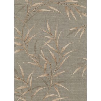   Légies elegancia vászon struktúra és áttetsző levélábrázolás szürkésbézs szürkésbarna bézs és aranybarna tónus finom fény tapéta
