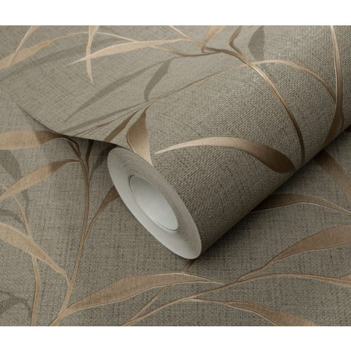 Légies elegancia vászon struktúra és áttetsző levélábrázolás szürkésbézs szürkésbarna bézs és aranybarna tónus finom fény tapéta