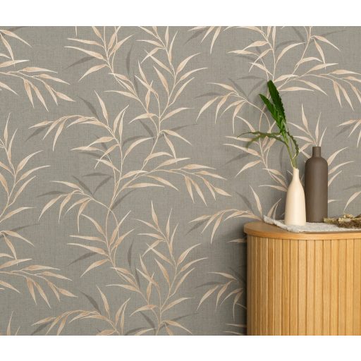 Légies elegancia vászon struktúra és áttetsző levélábrázolás szürkésbézs szürkésbarna bézs és aranybarna tónus finom fény tapéta