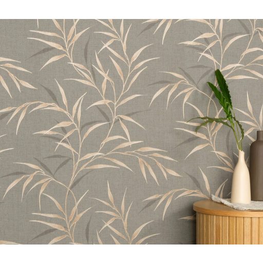 Légies elegancia vászon struktúra és áttetsző levélábrázolás szürkésbézs szürkésbarna bézs és aranybarna tónus finom fény tapéta