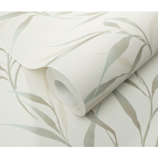 Légies elegancia vászon struktúra és áttetsző levélábrázolás törtfehér pasztell zöld bézs és szürke tónus finom fény tapéta