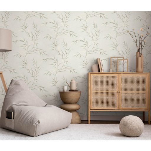 Légies elegancia vászon struktúra és áttetsző levélábrázolás törtfehér pasztell zöld bézs és szürke tónus finom fény tapéta