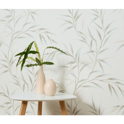 Légies elegancia vászon struktúra és áttetsző levélábrázolás törtfehér pasztell zöld bézs és szürke tónus finom fény tapéta