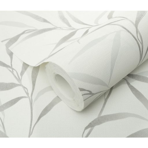 Légies elegancia vászon struktúra és áttetsző levélábrázolás törtfehér szürke ezüstszürke és gyöngyház tónus finom fény tapéta