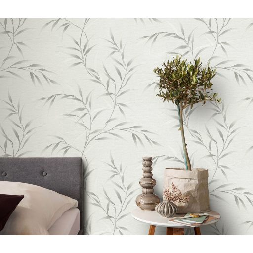 Légies elegancia vászon struktúra és áttetsző levélábrázolás törtfehér szürke ezüstszürke és gyöngyház tónus finom fény tapéta