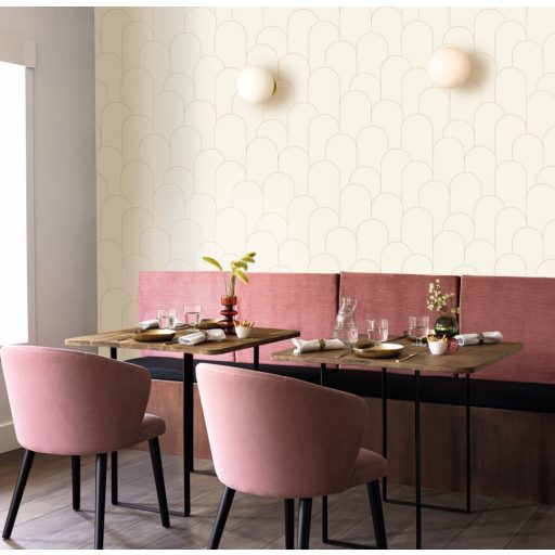 Az Art deco lényege - Nagyformátumú ívelt grafikai minta krémfehér és arany tónus fémes hatás tapéta