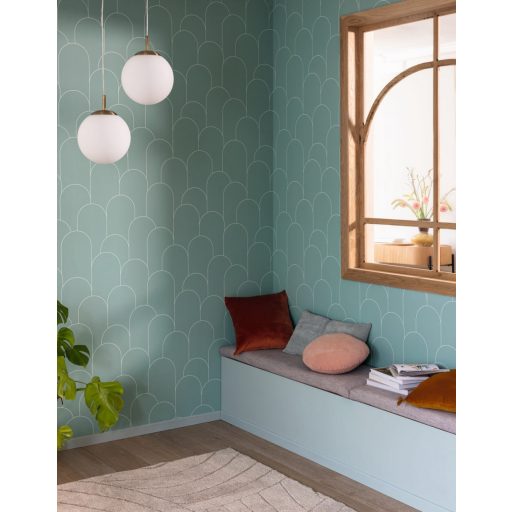 Az Art deco lényege - Nagyformátumú ívelt grafikai minta vízzöld és fehér tónus tapéta