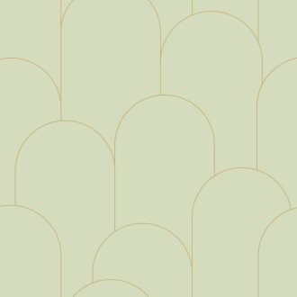   Az Art deco lényege - Nagyformátumú ívelt grafikai minta mandulazöld és arany tónus fémes hatás tapéta