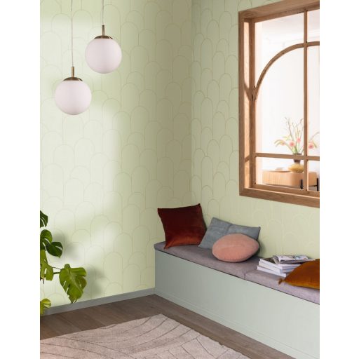 Az Art deco lényege - Nagyformátumú ívelt grafikai minta mandulazöld és arany tónus fémes hatás tapéta