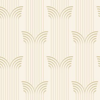   Elegáns és merész Art deco dekoráció csíkok és íves formák használatával bézs és arany tónus fémes hatás tapéta