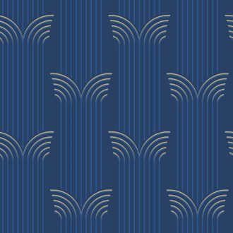   Elegáns és merész Art deco dekoráció csíkok és íves formák használatával tengerkék ultramarinkék ás arany tónus fémes hatás tapéta