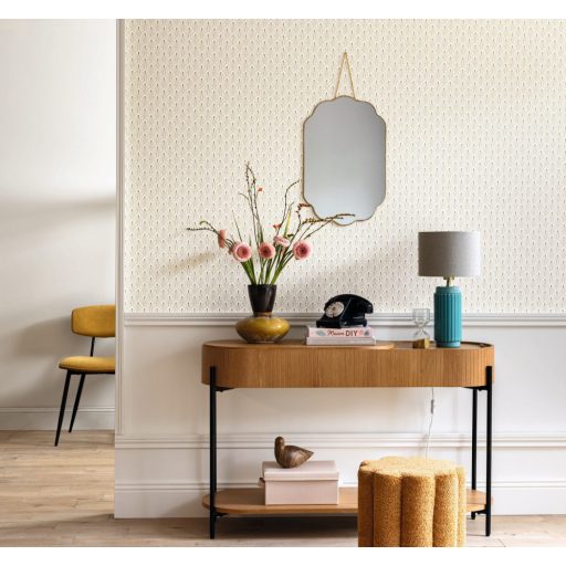 Stilizált kis legyező formájú (palmetta) art deco minta bézs és arany tónus fémes hatás tapéta