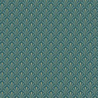   Stilizált kis legyező formájú (palmetta) art deco minta canardkék zöldeskék és arany tónus fémes hatás tapéta