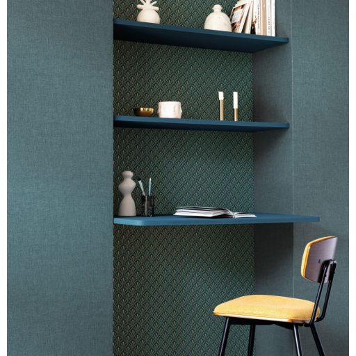 Stilizált kis legyező formájú (palmetta) art deco minta canardkék zöldeskék és arany tónus fémes hatás tapéta