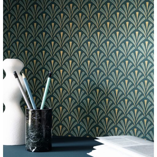Stilizált kis legyező formájú (palmetta) art deco minta canardkék zöldeskék és arany tónus fémes hatás tapéta