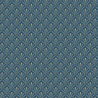   Stilizált kis legyező formájú (palmetta) art deco minta éjkék zöldeskék és arany tónus fémes hatás tapéta