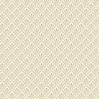   Stilizált kis legyező formájú (palmetta) art deco minta krémfehér mandulazöld és arany tónus fémes hatás tapéta