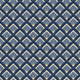   Finom Art deco design kis rombuszokba zárt legyező mintával tengerkék bézs kék és arany tónus fémes hatás tapéta