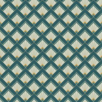   Finom Art deco design kis rombuszokba zárt legyező mintával tengerkék sötétzöld zöldeskék mandula és arany tónus fémes hatás tapéta