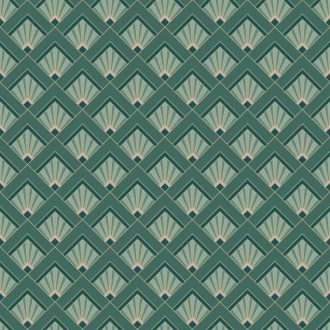   Finom Art deco design kis rombuszokba zárt legyező mintával smaragdzöld lila zöld és arany tónus fémes hatás tapéta
