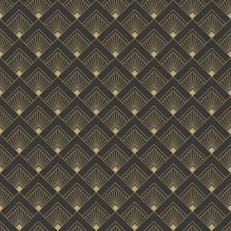   Finom Art deco design kis rombuszokba zárt legyező mintával antracit és arany tónus fémes hatás tapéta