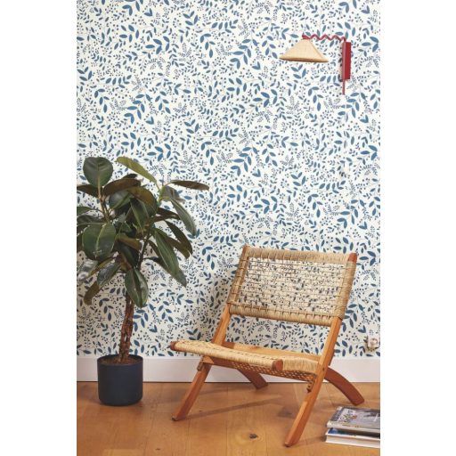 Könnyed és friss lombozat/levél "mikro"minta fehér és porcelán/indigókék tónus tapéta