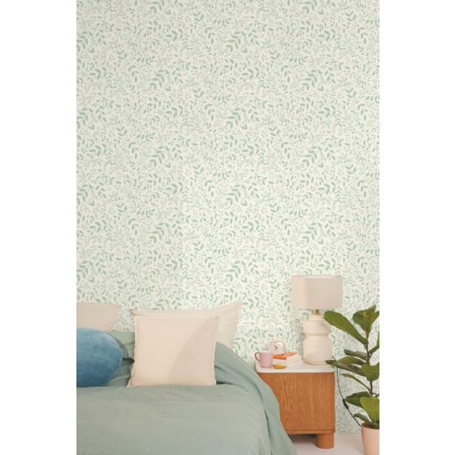 Könnyed és friss lombozat/levél "mikro"minta krémfehér és vízzöld tónus tapéta