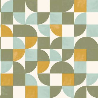   Vidám geometriai minta hangulatos tónusban retro érzettel fehér khakizöld narancs és vízzöld tapéta