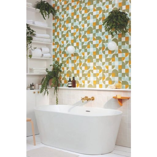 Vidám geometriai minta hangulatos tónusban retro érzettel fehér khakizöld narancs és vízzöld tapéta